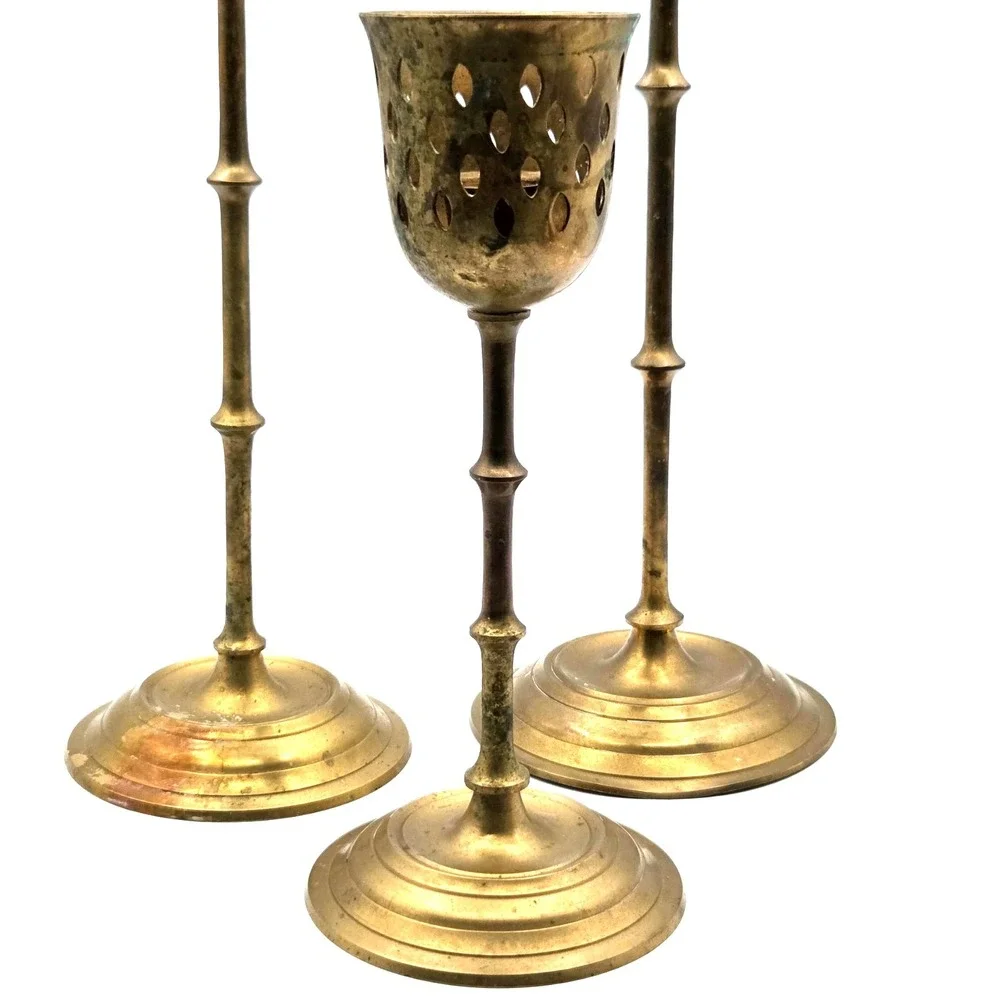 VINTAGE 3 MCM Brass Candlesticks Candle Holders with Cut Out Design  India